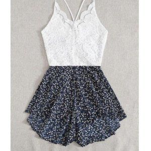 Ditsy Floral Contrast Lace Tie Back Cami Romper